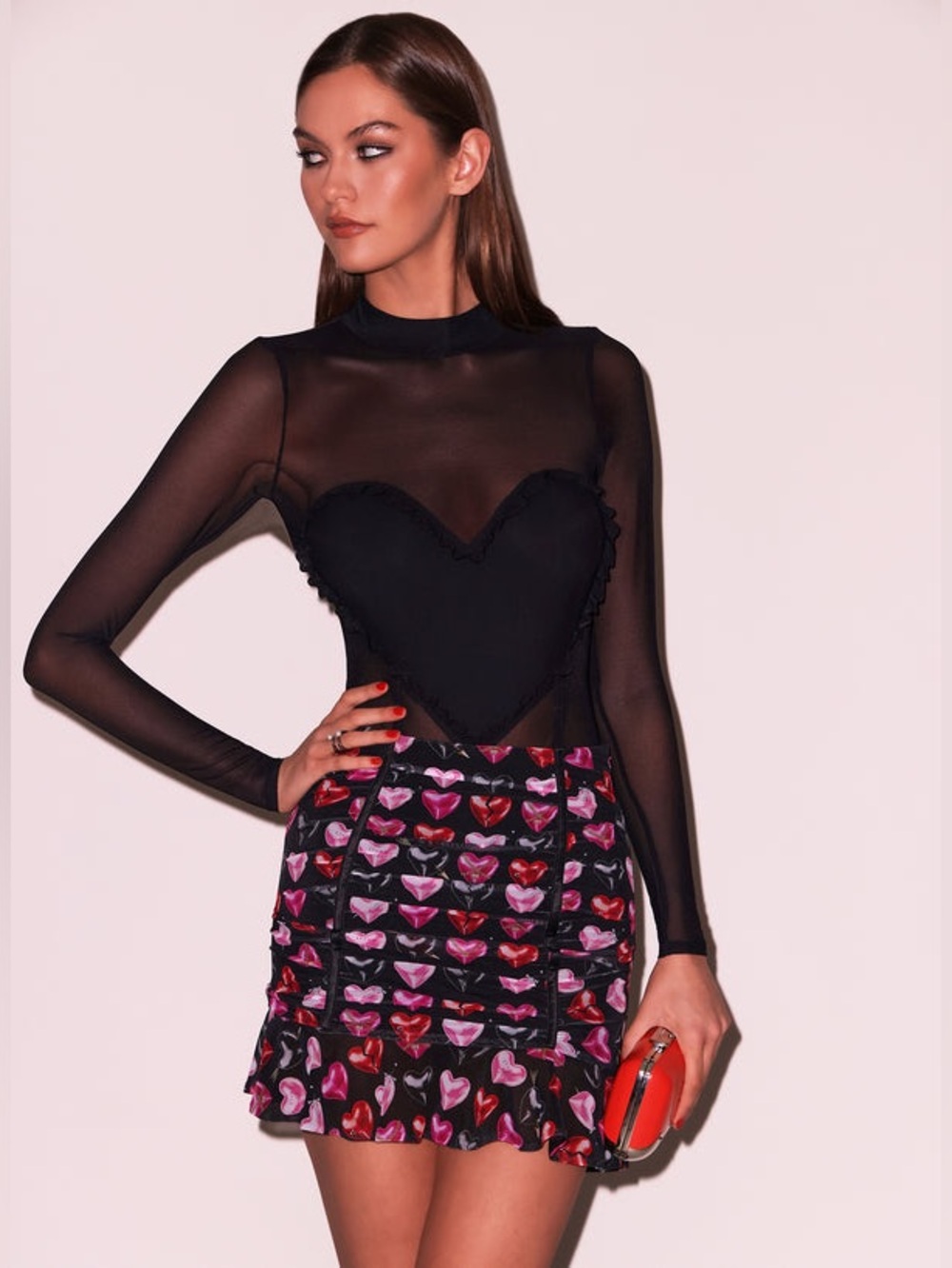 Fleur Du Mal black mesh ruffle heart bodysuit size L large